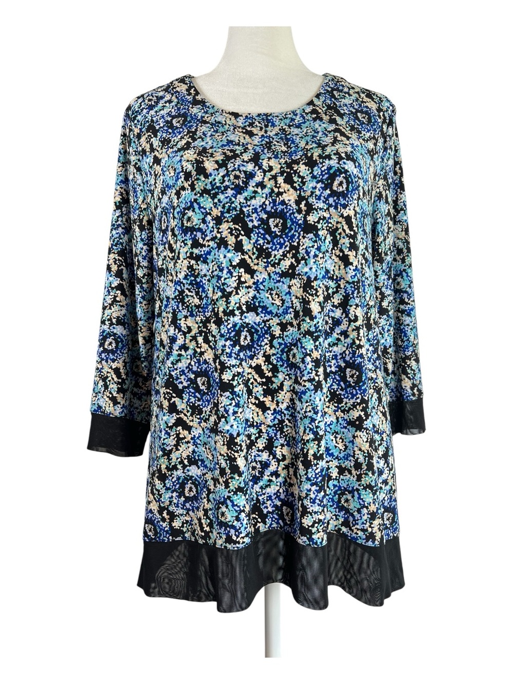 Anne Klein Blue & Black Floral Print Tunic with Black Mesh Hem Sz Petite Medium